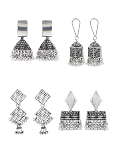 Pack of 4 Silver Oxidised Artificial Stones Studded Jhumka Earrings