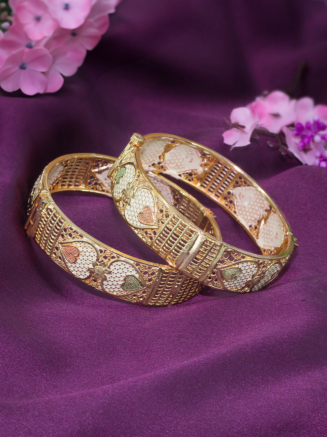 Gold Plated Chunky Heart Meenakari Bangle Pair