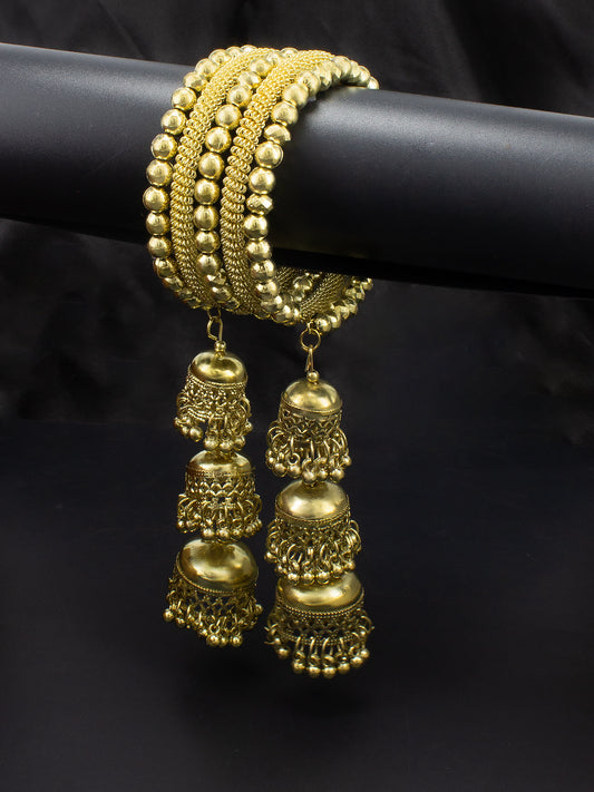 Gold Plated Multistrand Wraparound Bracelet with Three Layer Jhumki