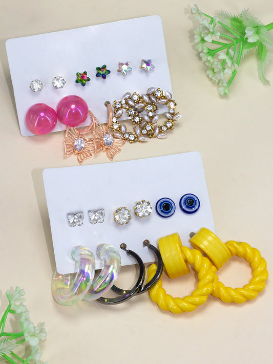 Pack of 12 Multi Colour Drop, Hoop & Studs Earrings