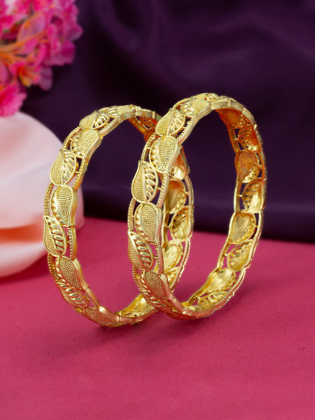 Set of 2 Gold Plated Leaf Shaped Bangles