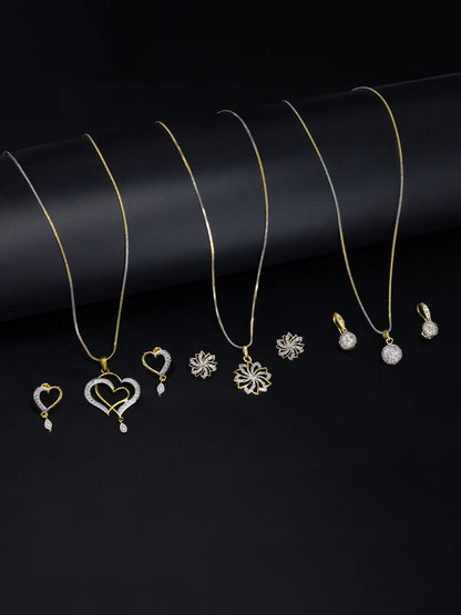 Set of 3 Gold Plated American Diamond Heart, Floral & Round Shaped Pendant & Earring Set