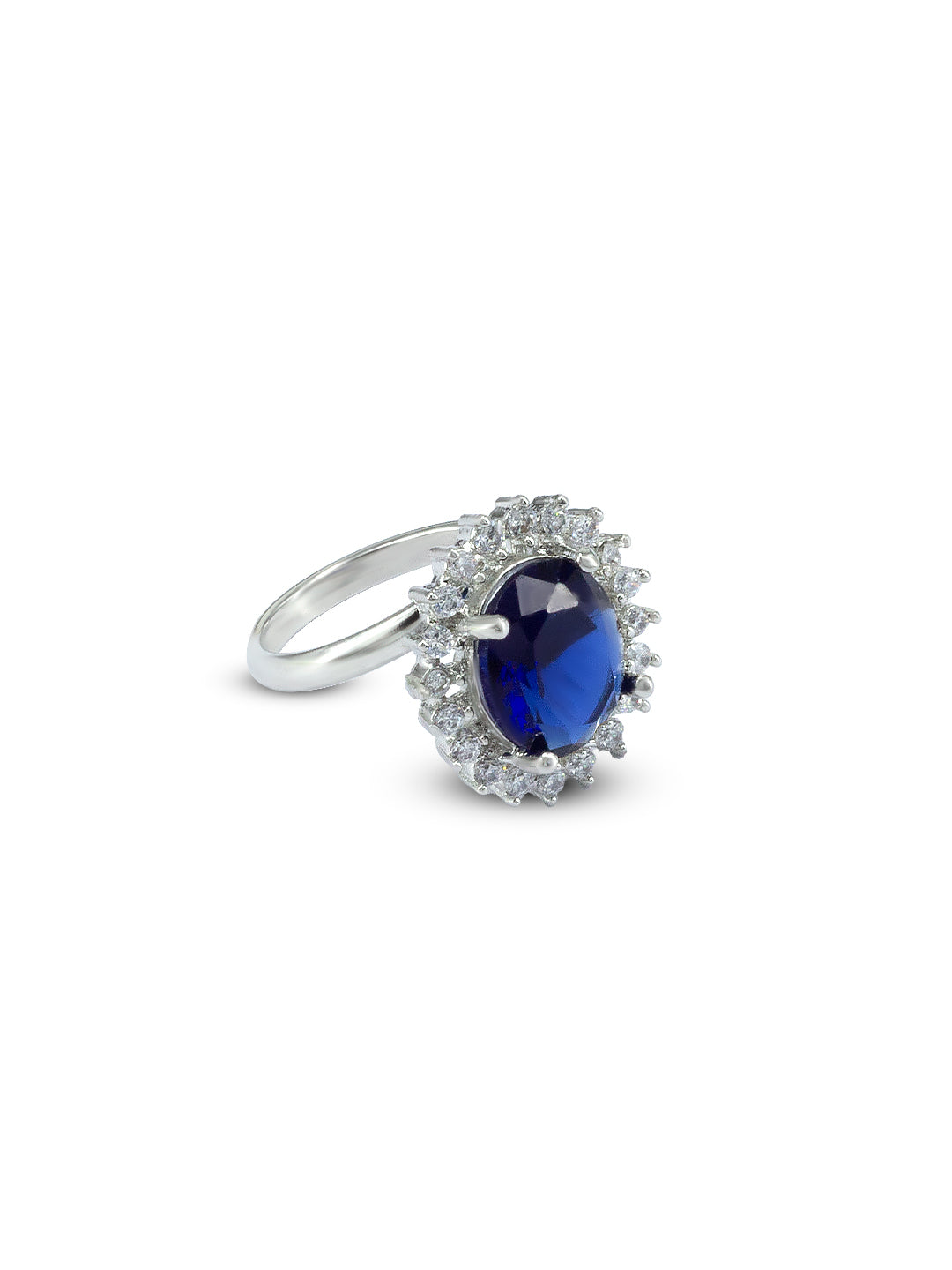 Rhodium Plated Blue American Diamond Round Shaped Adjustable Finger Ring