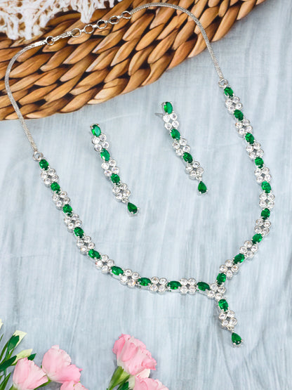 Rhodium-Plated Green American Diamond Studded Jewellery Set