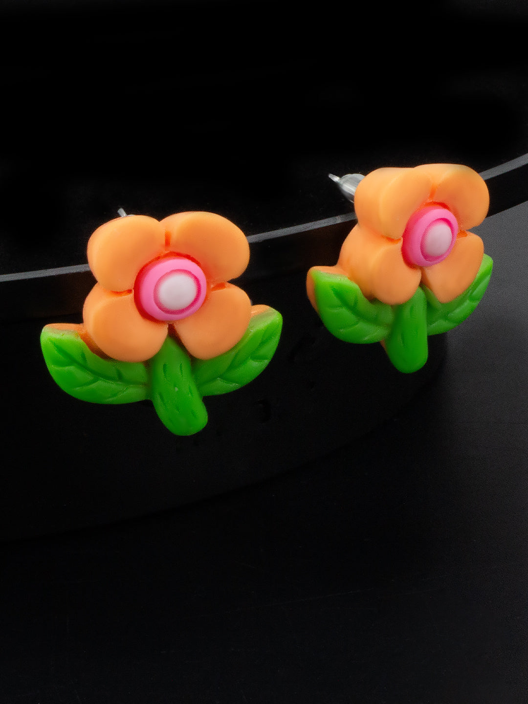 Orange Metal Floral Studs Earrings