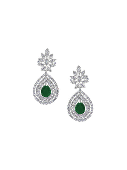 Rhodium Plated Green American Diamond Teardrop Jewellery Set