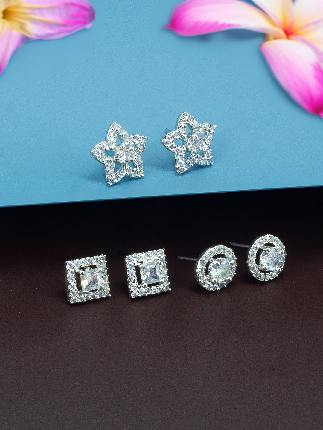 Set Of Three Rhodium Plated Geometric AD Trendy Earrings