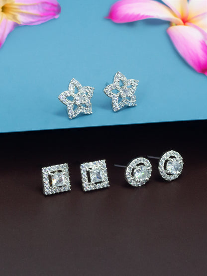 Set Of Three Rhodium Plated Geometric AD Trendy Earrings