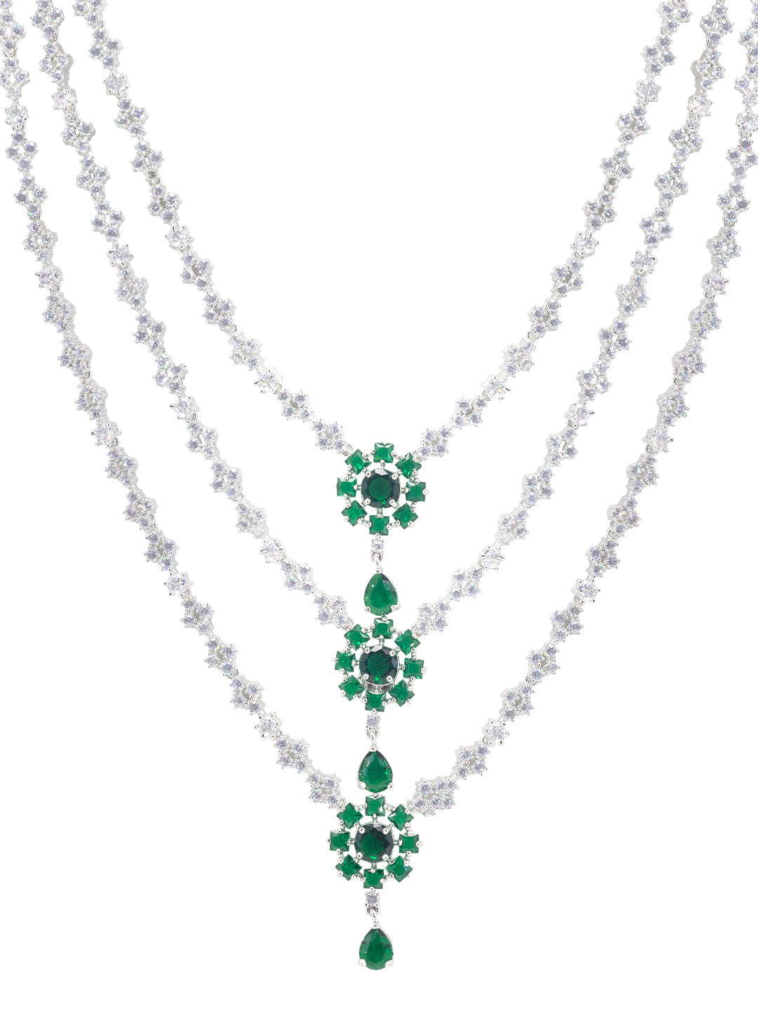 Rhodium Plated Trendy Green Three Layered AD Bridal Jewellery Set With Maangtika