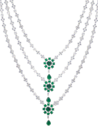 Rhodium Plated Trendy Green Three Layered AD Bridal Jewellery Set With Maangtika