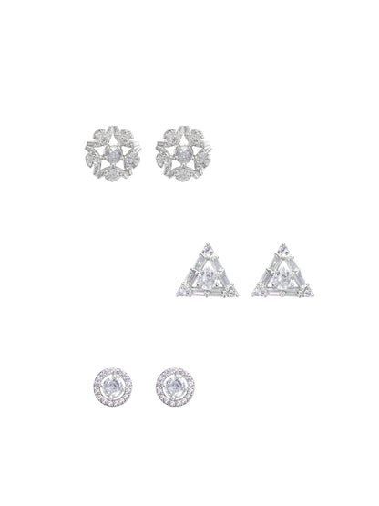 Set Of Three Rhodium Plated Geometric American Diamond Earrings