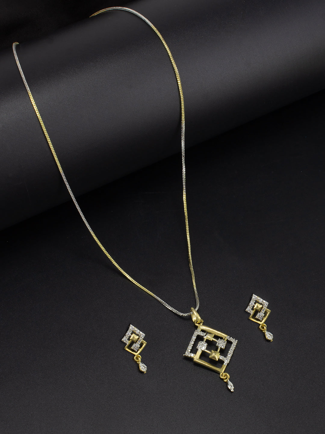 Square American Diamond Pendant & Earrings Set