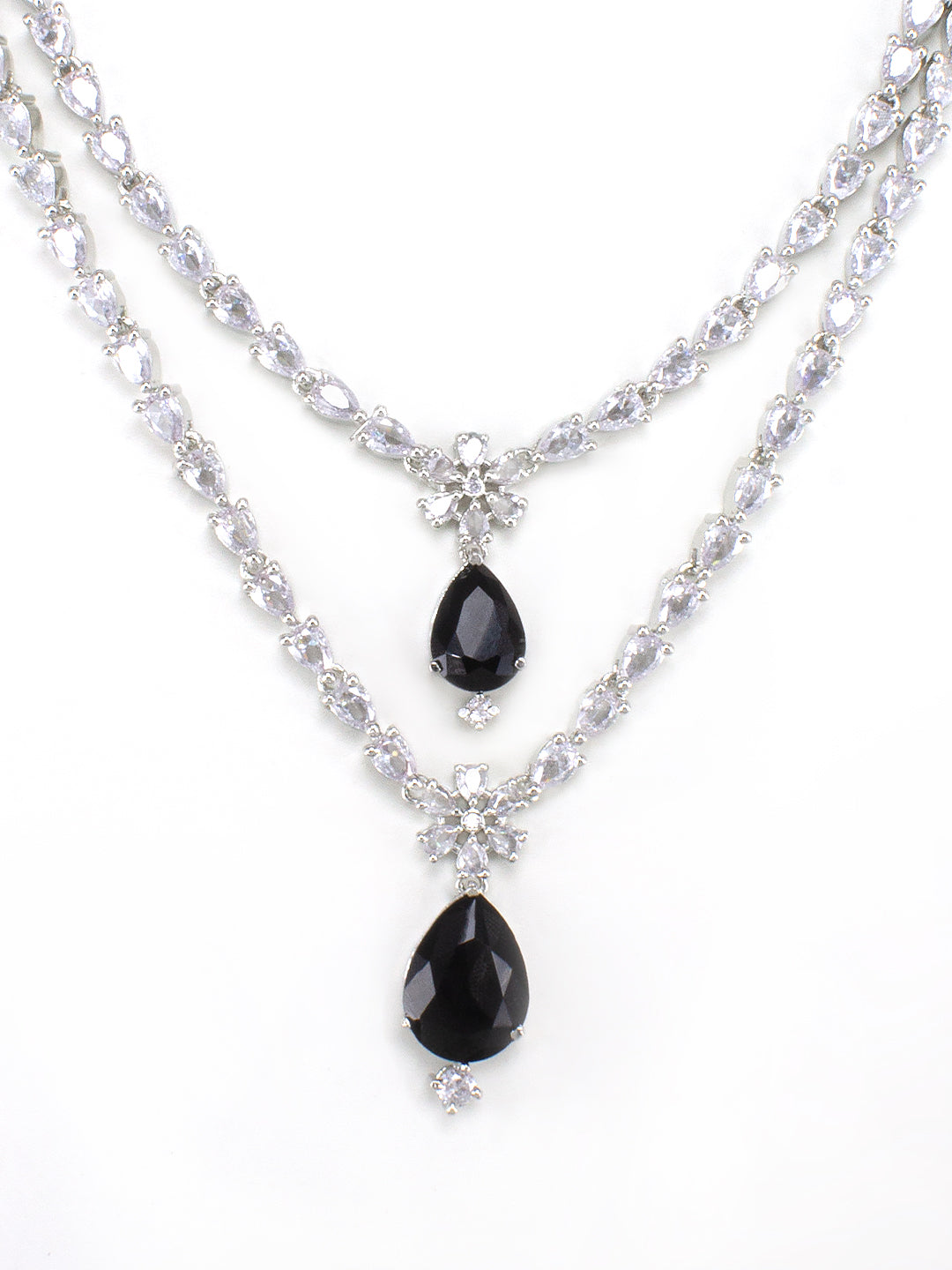 Rhodium Plated Double Layered American Dimaond Studded Jewellery Set