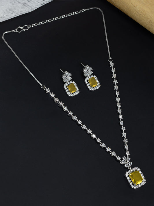 Rhodium-Plated Yellow American Diamond Studded Jewellery Set