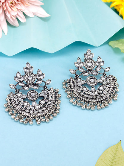 Silver-Plated Crescent Shaped Kundan Studded Drop Earrings