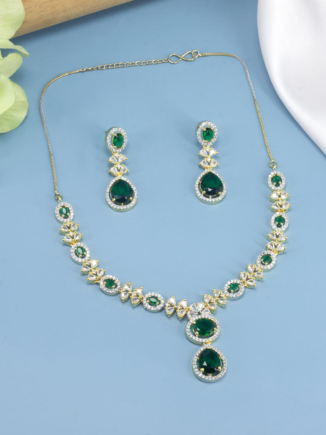 Gold Plated Green American Diamond Jewellery Set