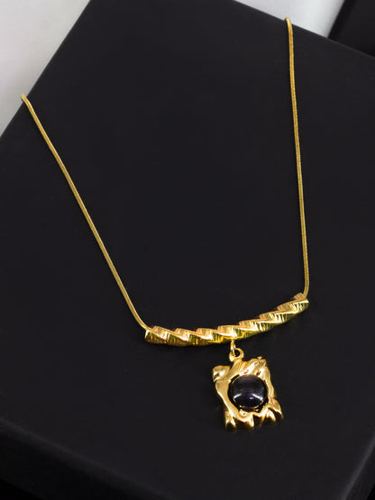 Stainless Steel Black Stone Chain Necklace | Gold Plated Black Stone Studded Pendant Style Chain Necklace