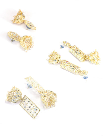 Pack of 3 Gold Plated Artificial Beads & Mirror Studded Jhumka Earrings