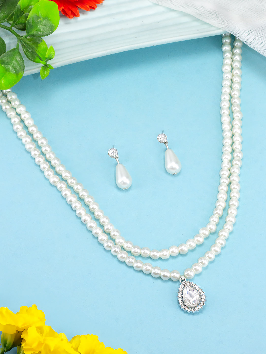 Silver Plated Double Layered Stone & Pearl Beaded Moti Mala Trendy Necklace & Earrings