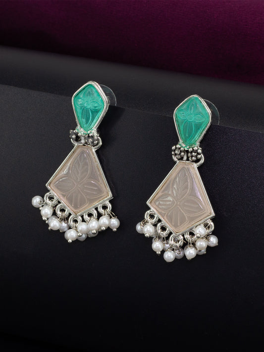 Silver-Plated Geometric Stone Studded Drop Earrings