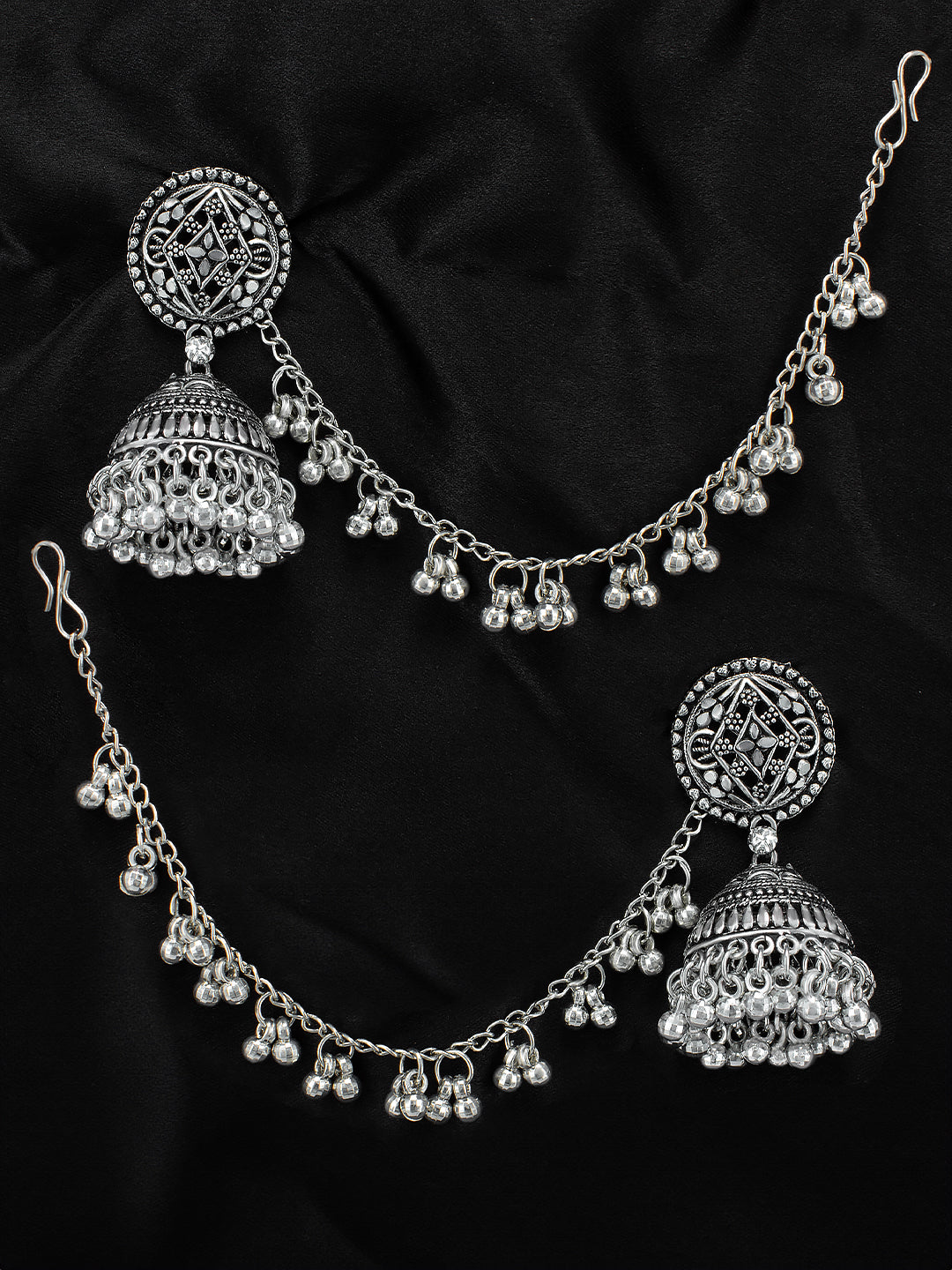 Silver-Plated Dome Shaped Jhumkas With Hair Chain