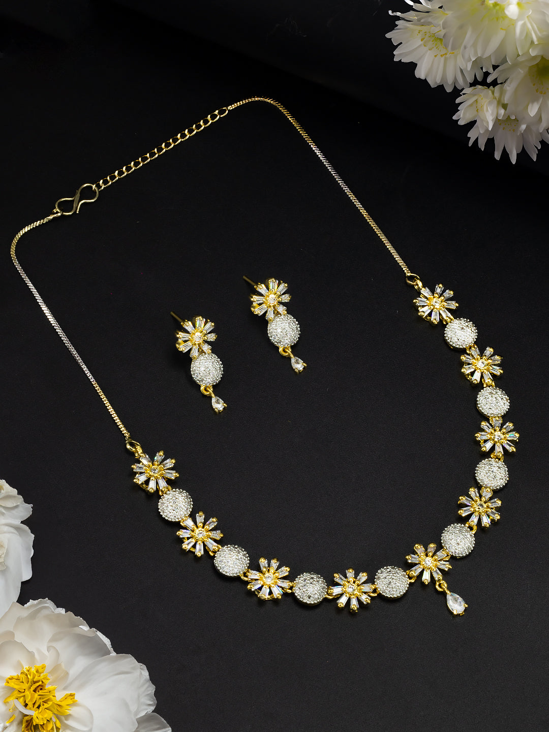 Gold Plated Floral American Diamond Studded Jewellery Set