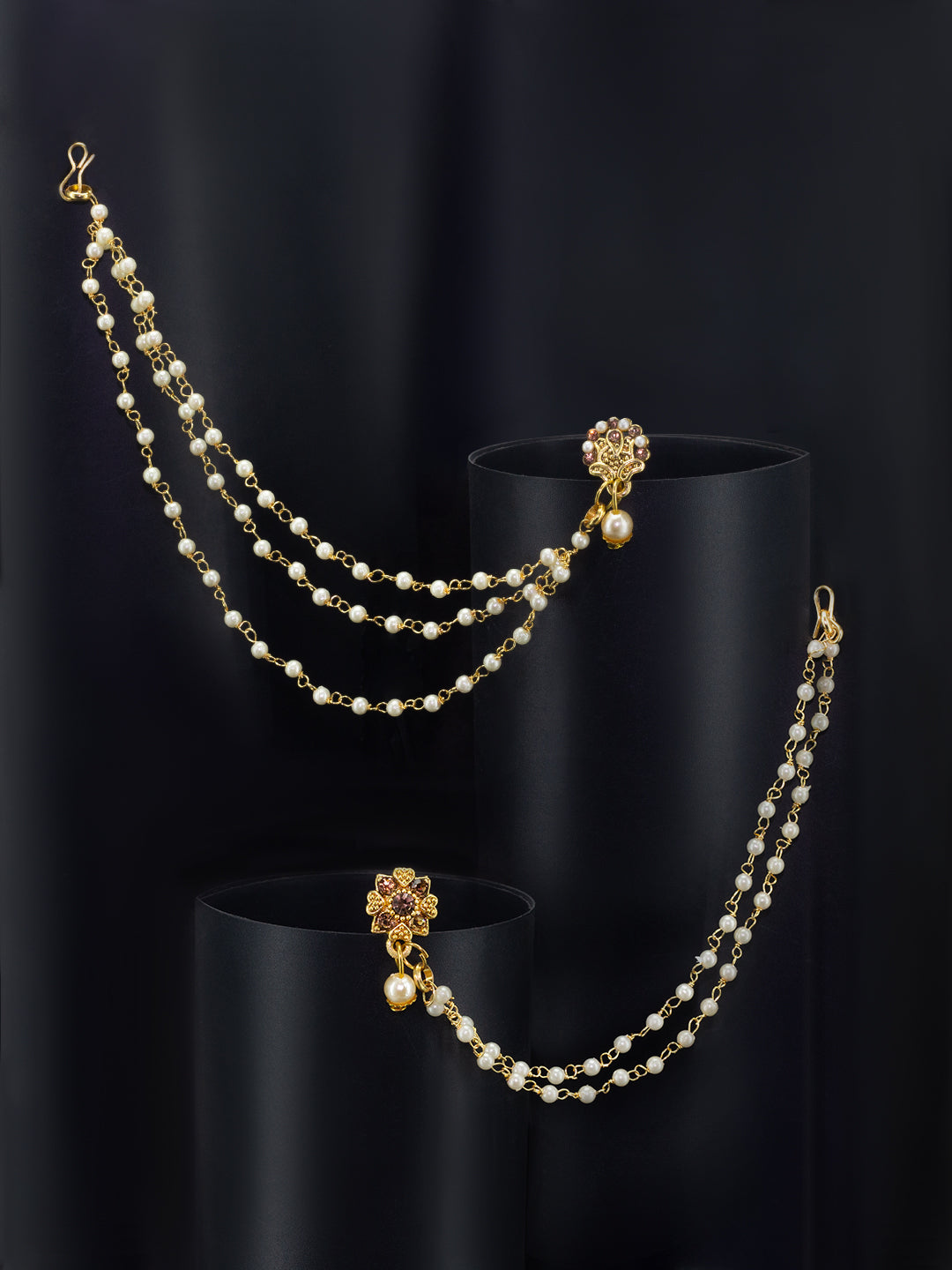 Set of 2 Gold Plated Artificial Stones & Beads Studded Chained Nosepin