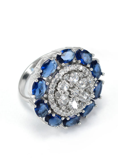 Rhodium-Plated Blue American Diamond Floral Adjustable Trendy Finger Ring