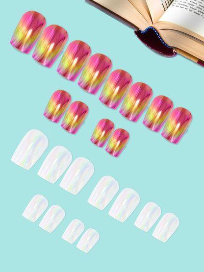 Set of 24 Pink and White Metallic Duochrome stick on nails