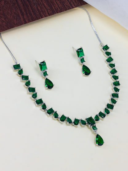 Rhodium Plated Green Teardrop Shaped American Diamond Studded Jewellery Set