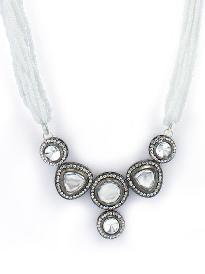 Silver-Plated CZ Stone Studded & Beaded Oxidised Jewellery Set