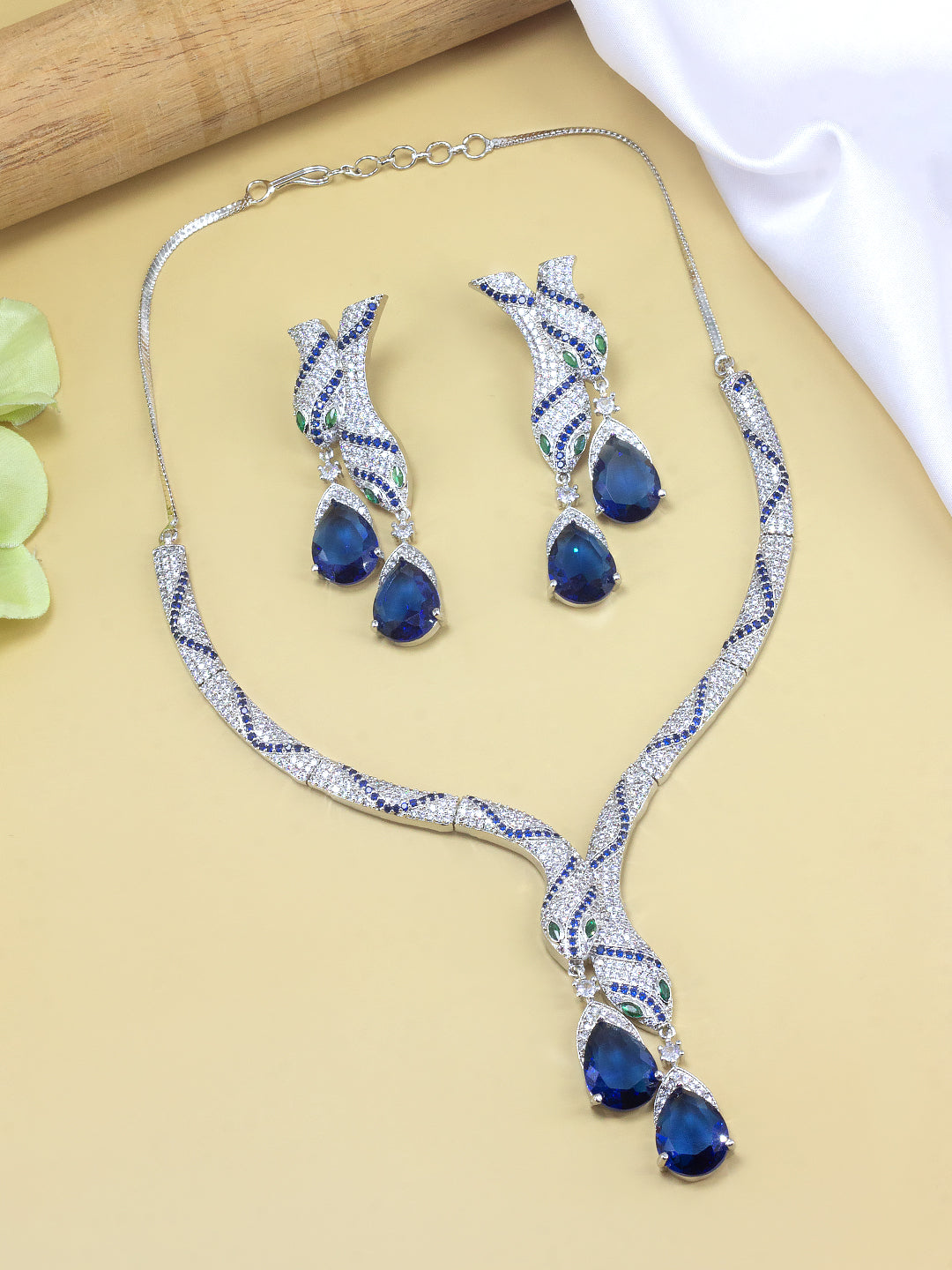 Rhodium Plated Blue Serpent American Diamond Jewellery Set