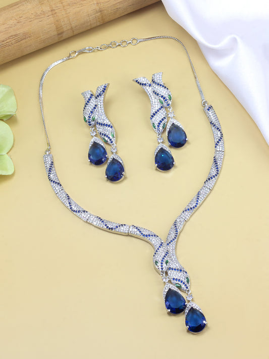 Rhodium Plated Blue Serpent American Diamond Jewellery Set