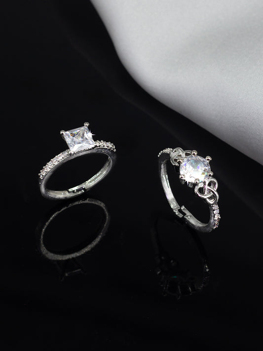 Set Of Two Rhodium Plated Solitaire American Diamond Trendy Adjustable Finger Rings