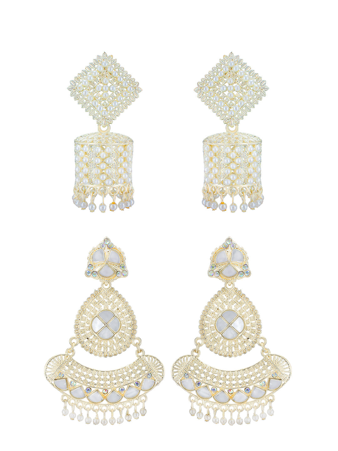 Pack of 2 Gold Plated Artificial Beads & Mirror Studded Jhumka & Drop Earrings