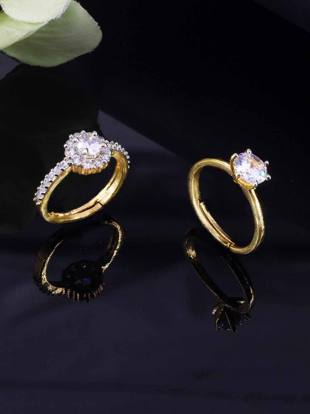 Set Of Two Gold Plated Solitaire American Diamond Trendy Adjustable Finger Rings