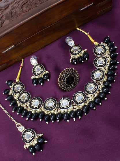 Gold-Plated Kundan-Studded & Beaded Jewellery Set