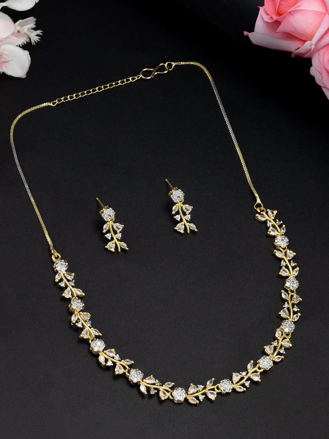 Gold Plated Floral American Diamond Studded Jewellery Set