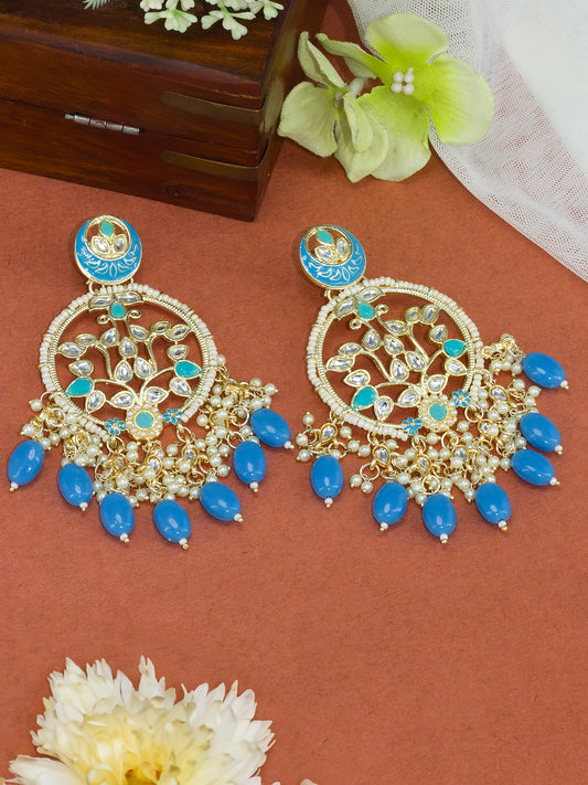 Gold Plated Artificial Stones & Beads Studded Drop Earrings