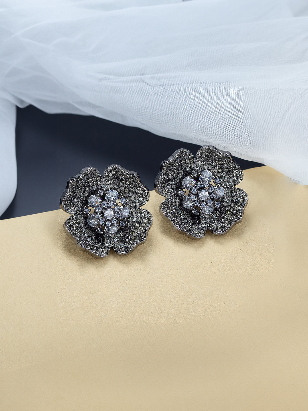 Rhodium Plated Floral American Diamond Stud Earrings