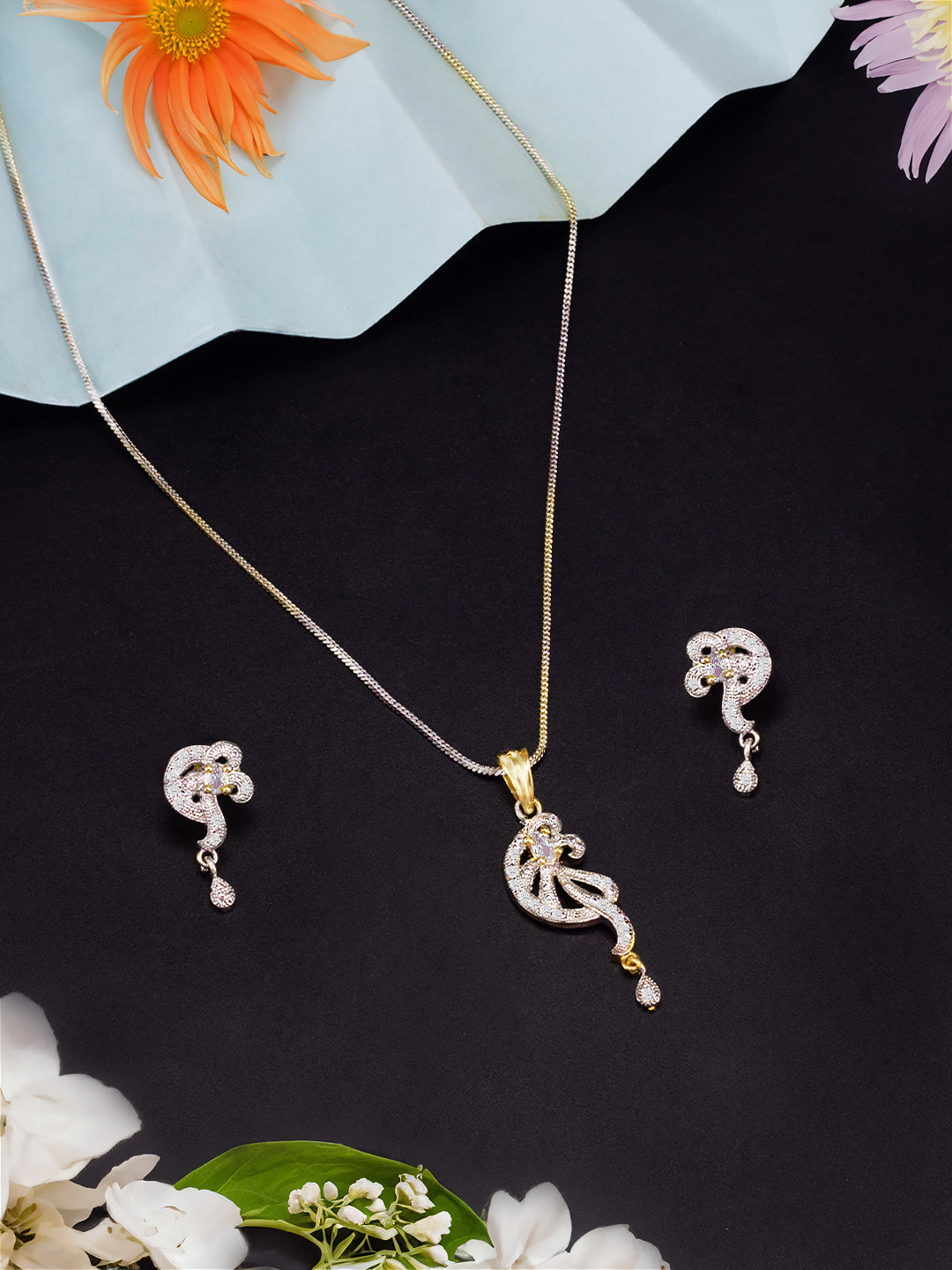 Gold Plated American Diamond Studded Pendant Set