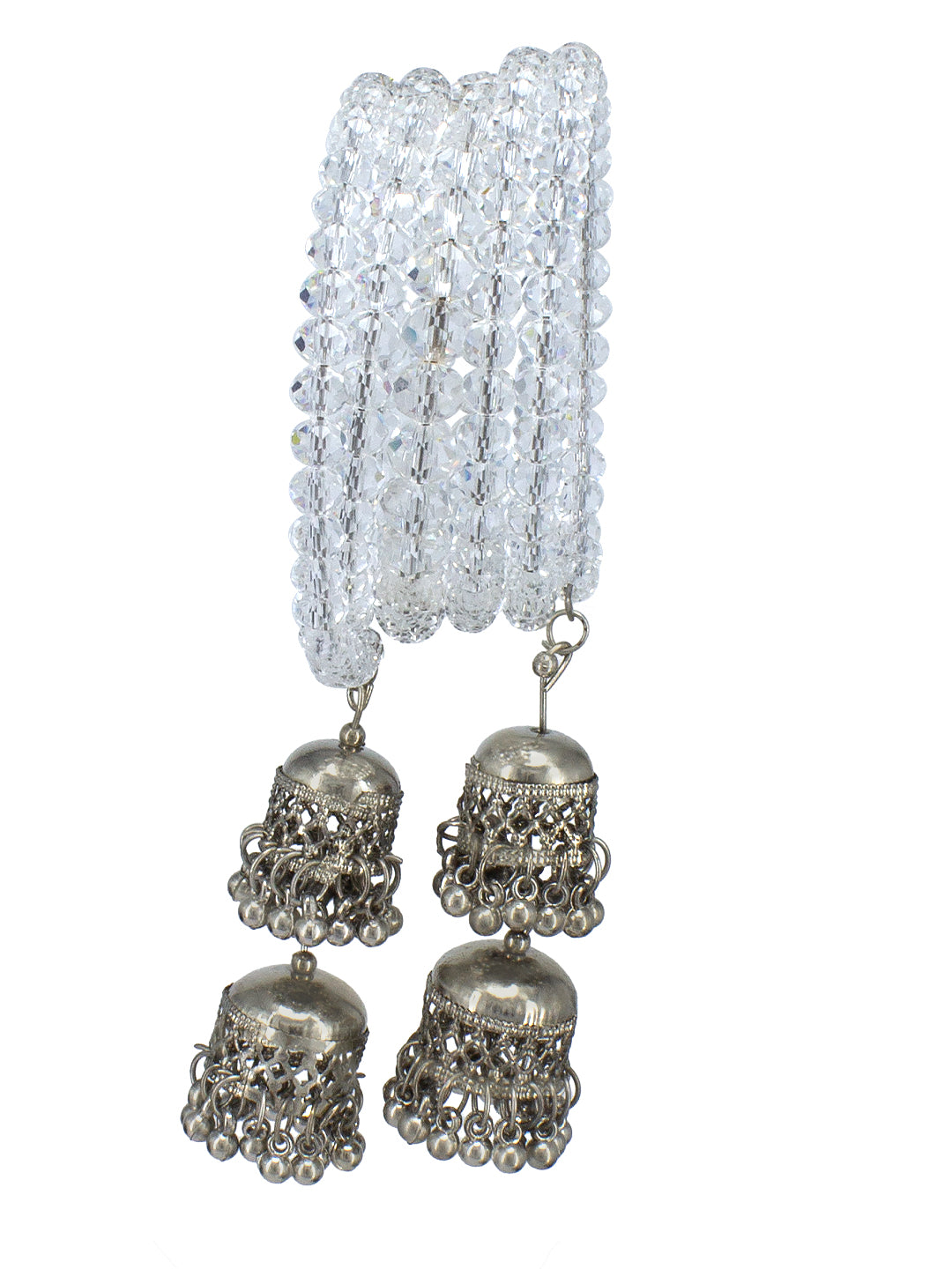 Silver Oxidised White Beaded Two Layered Jhumka Wraparound Bracelet