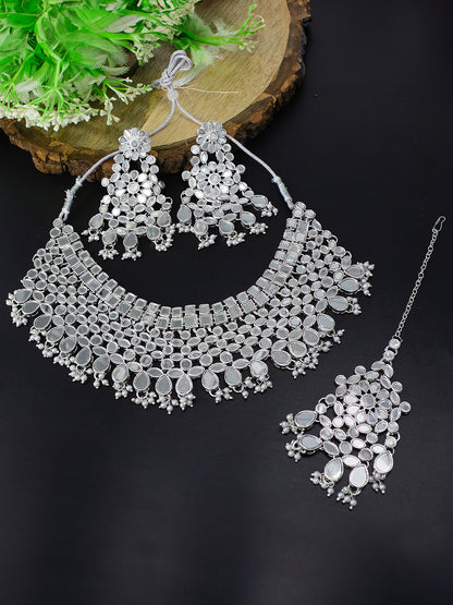 Silver-Plated Mirror-Studded & Pearls Beaded Jewellery Set With Maangtika