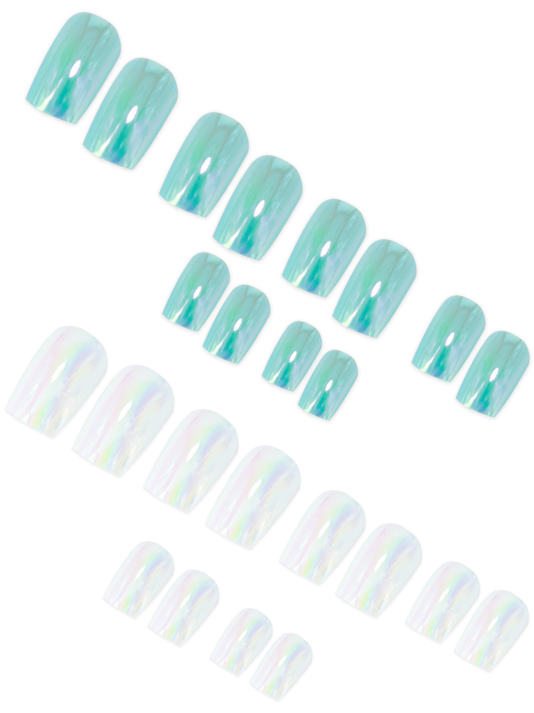 Set of 24 Sea Green and White Metallic Duochrome stick on nails