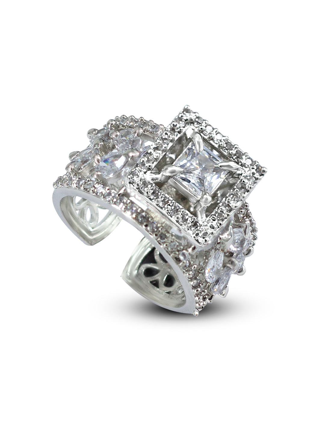 Rhodium Plated American Diamond Square Adjustable Solitaire Finger Ring