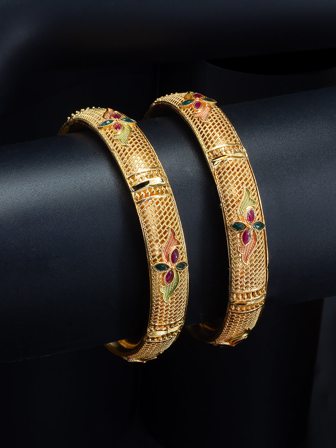 Gold Plated Kada Style Floral Meenakari Bangle Pair