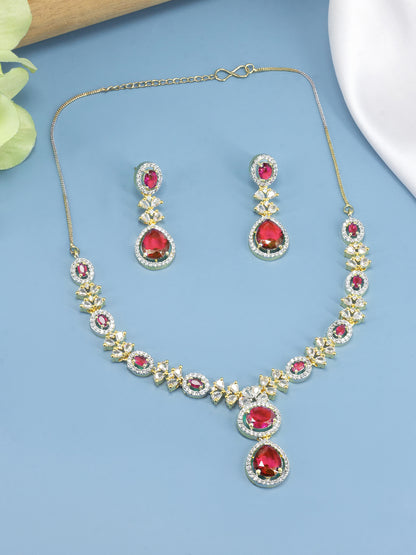 Gold Plated Red American Diamond Jewellery Set