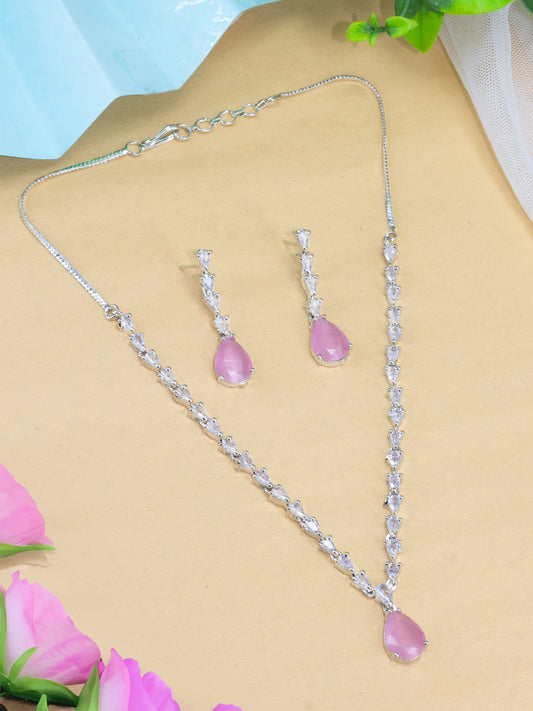 Rhodium-Plated Pink American Diamond Studded Necklace & Earrings Set