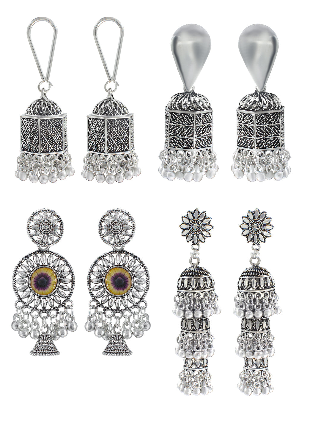 Pack of 4 Silver Oxidised Floral & Circular Jhumka Earrings