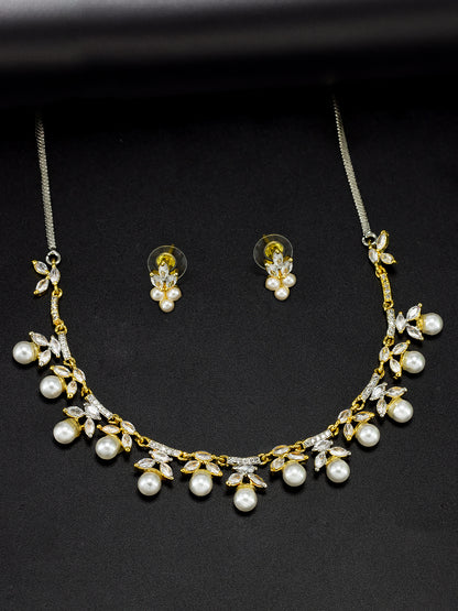 Gold Plated Leaf Shaped American Diamond Studded Jewellery Set